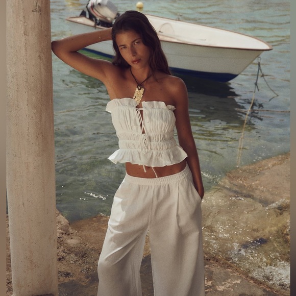 Zara 100% LINEN TIED RUFFLED TOP - Picture 2 of 16